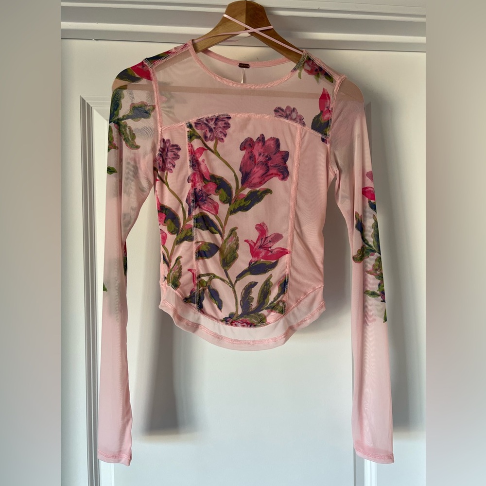 Free People Bettys Garden Mesh Top XS Pink Floral Sheer Long Sleeve Tee - Picture 2 of 9